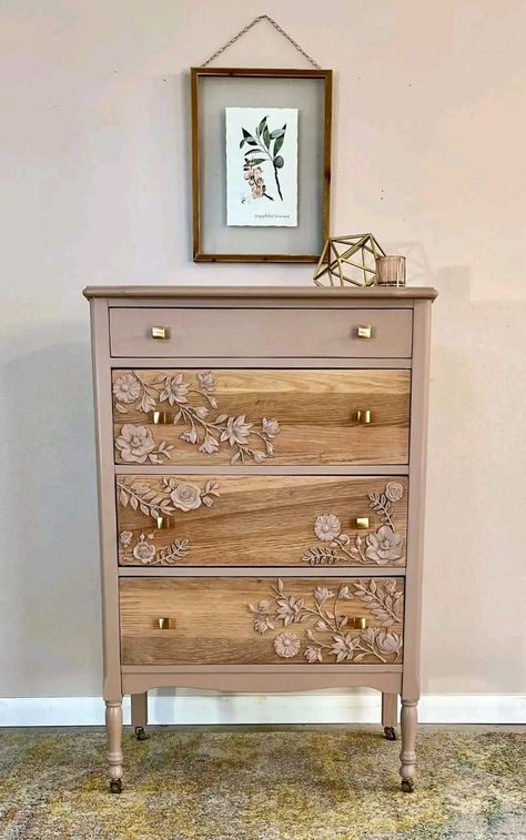 (1) Facebook Diy Dresser With Mirror, Girly Dresser Makeover, Thrifted Dresser Makeover, Dresser In Bedroom Ideas, Dresser With Wallpaper, Painted Dresser Ideas Boho, Pink Dresser Makeover, Dresser Makeover Boho, Wallpaper Dresser