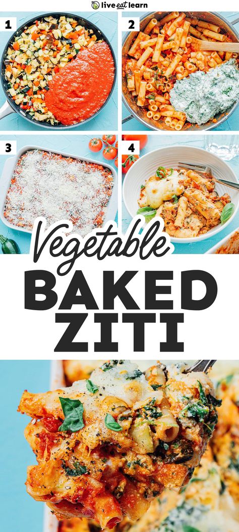 This vegetable packed vegetarian baked ziti recipe is the ultimate weeknight dinner. With sautéed veggies and spinach ricotta, it's a healthy comfort food you'll feel good about diving into. It makes six large portions and is great for making in advance, see notes below! Veggie Ziti, Baked Ziti Vegetarian, Veggie Baked Ziti, Vegetarian Zucchini Recipes, Vegetarian Baked Ziti, Veggie Pasta Bake, Sautéed Veggies, Easy Baked Ziti, Vegetable Casserole Recipes