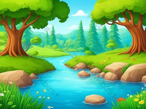 cartoon character nature scene of river in the forest Cartoon Nature Background, River Cartoon, Forest With River, Rock Clipart, River In The Forest, Forest Backgrounds, Water Cartoon, Cartoon Forest, Nature Cartoon