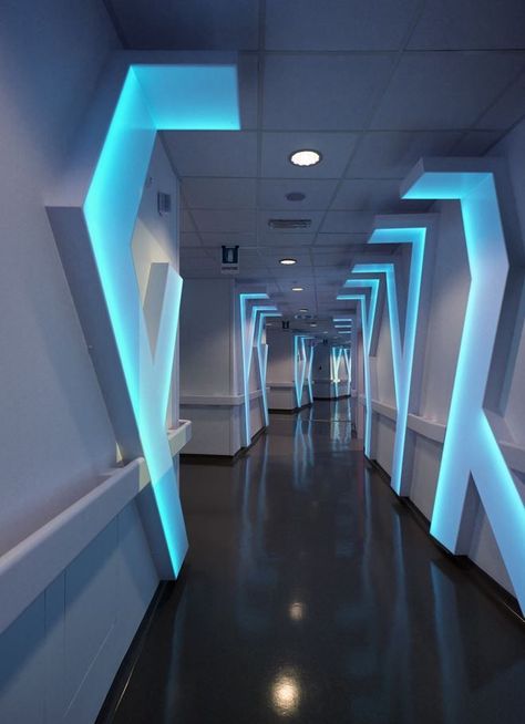 Interior Design Pictures, Spaceship Interior, Futuristic Aesthetic, Hospital Interior, Blue Lights, Hospital Interior Design, Futuristic Interior, Hospital Design, Futuristic City