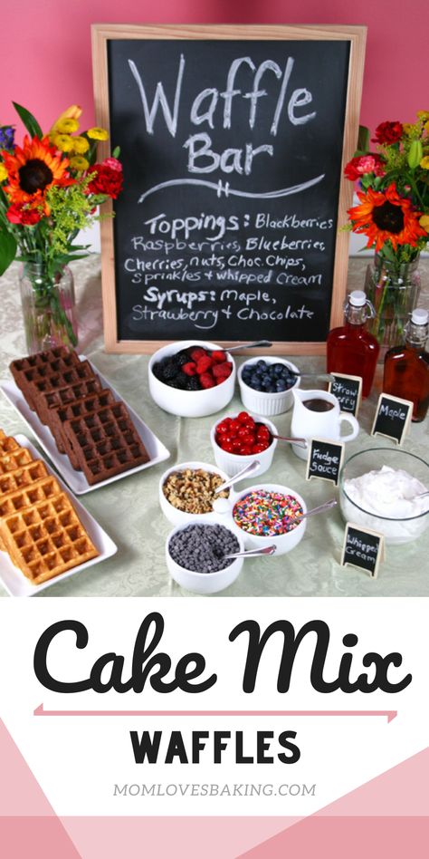 Picture of a waffle bar party with black board and WAFFLE BAR written in chalk. Lots of waffle toppings like sprinkles, cherries, nuts, chocolate chips. Cake mix waffles in vanilla and chocolate on a plate. Maple syrup and strawberry syrup in old fashioned bottles on table. Waffle Bar Birthday Party, Waffle Bar Ideas Brunch Party Breakfast, Breakfast Bar For Party, Dessert Waffle Bar, Waffle Wedding Cake, Cake Waffles Recipe, Brunch For Kids Party, Waffle Bar Bridal Shower Ideas, Waffle Bar Party