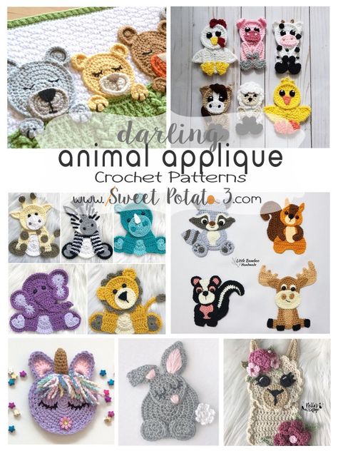 Darling Animal Applique Crochet Patterns – Sweet Potato 3 Animal Applique Patterns, Crochet Animal Applique, Applique Crochet Patterns, Crochet Children, Easter Applique, Crochet Applique Patterns Free, Elephant Applique, Crochet Unicorn, Crochet Animal