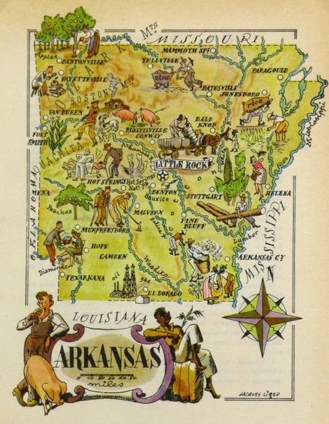 Pictorial Map - Arkansas, 1946-main-6240K Map Of Arkansas, Arkansas Map, Cartoon Map, Lily Grace, Artsy Ideas, Pictorial Maps, Black Americana, Arkansas State, United States Map