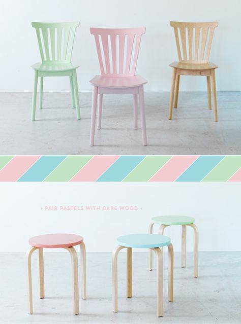 Pastel chairs and stools Pastel Chair, Deco Pastel, Colorful Kitchen Decor, Pastel Interior, Pastel House, Dining Room Inspiration, Pretty Pastel, True Blue, Kitchen Colors