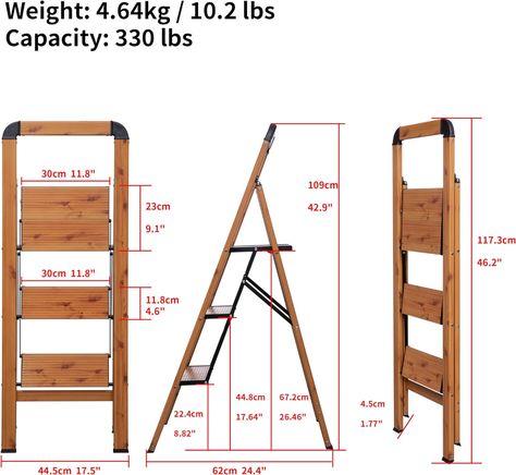 BIBKOKE Step Ladder Woodgrain Finish Aluminum Folding Step Stool 3 Step Stairs Wide Pedal,Anti-Slip Portable Sturdy for Home & Kitchen Office 330 lbs - Amazon.com Kitchen Step Ladder, Steel Railing Design, Folding Step Stool, Folding Ladder, Steel Railing, Step Ladder, Railing Design, Folding Stool, Kitchen Office