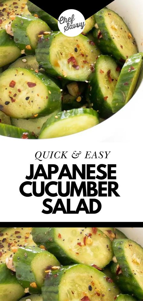 Save this Quick and Easy 5 minutes Japanese Cucumber Salad. This healthy and refreshing Japanese Cucumber Salad recipe is simple to throw together and packed with a ton of flavor! Sliced cucumbers are tossed with an Asian-inspired dressing of soy sauce, rice vinegar, sesame oil, and sugar! This will be your new go-to side dish. Follow Chef Savvy for more easy side dishes recipes! Japanese Cucumber Salad Recipe, Japanese Cucumber Salad, Japanese Side Dish, Soy Sauce Rice, Chef Savvy, Japanese Cucumber, Cucumber Avocado Salad, Asian Cucumber Salad, Cucumber Salad Recipe