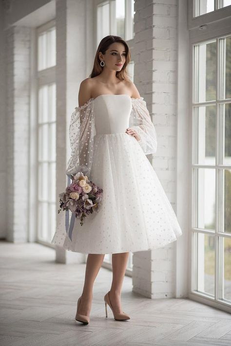 Color- ivory Short or long dress!!   Plus size and individual measurements +15% (XL,XXL,XXXL) !!!!!  We create wedding dresses from high quality fabric, constantly improve technology and our fairies perfect their skill. Feel yourself as a queen in Vanilla dress.  We painstaking work on each dress. Wedding Dress Tea Length, Polka Dot Wedding Dress, Wedding Dress Material, Ivory Wedding Gown, Wedding Gown Simple, Interior Boho, Decor Hallway, Civil Wedding Dresses, Tea Length Wedding