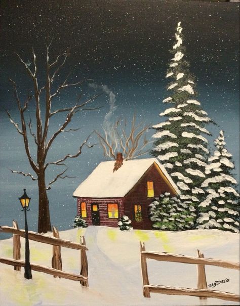 Winter Cottage Painting, Winter Scenery Paintings Easy, Christmas Pictures To Paint On Canvas, Christmas Cottage Drawing, Winter Scenery Paintings, Christmas Landscape Drawing, Winter Acrylic Painting Ideas, Winter Painting Ideas On Canvas, Winter House Drawing