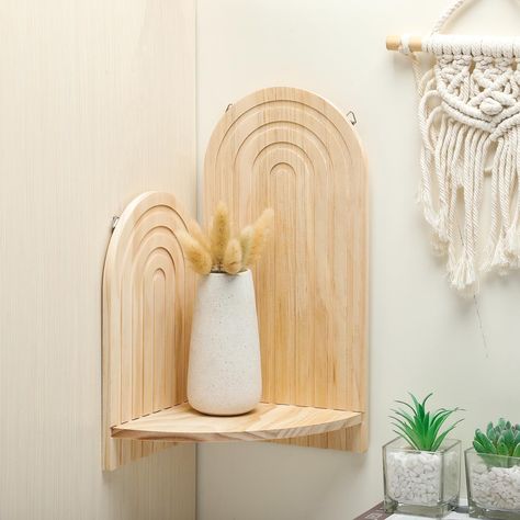 PRICES MAY VARY. Boho Style: our wooden wall corner shelf boasts an eye catching Bohemian style, featuring a playful rainbow shape, with natural wood color, modern but elegant, which is an easy way to infuse your space with a touch of chic aesthetic Dimension and Craftsmanship: with a size of about 9.84 x 13.78 x 7.09 inches, enough for you to display small indoor plants, succulents, flowers or other items, and you can experience the timeless beauty of wood with our Bohemian wall decor, providin Rainbow Boho Bedroom, Corner Floating Shelf, Corner Floating Shelves, Wooden Corner Shelf, Shelves For Bathroom, Nursery Bathroom, Floating Corner Shelves, Corner Wall Shelves, Floating Shelves Bathroom