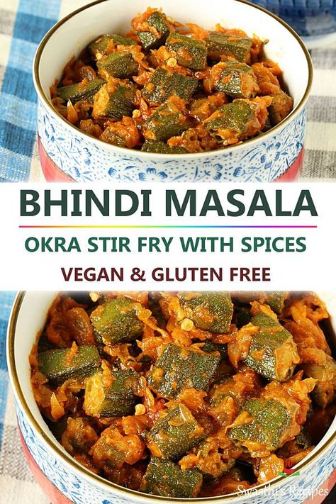 Indian style okra stir fry or bhindi masala in a spicy onion tomato masala. Healthy, vegan and gluten free. #indian #curry #vegan Bhindi Masala Recipe, Zucchini Zoodles, Bhindi Masala, Indian Veg Recipes, Okra Recipes, Spicy Snacks Recipes, Healthy Indian Recipes, Curry Recipes Indian, Breakfast Recipes Indian