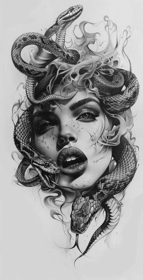 🎁🚀Unlock Amazing Midjourney Prompts - Click on Link in my Bio🔗👈 Owl Neck Tattoo, Medusa Mythology, Medusa Drawing, Medusa Snake, Drawing Of A Woman, Medusa Tattoo Design, Evil Tattoo, Medusa Art, Dark Fantasy Artwork