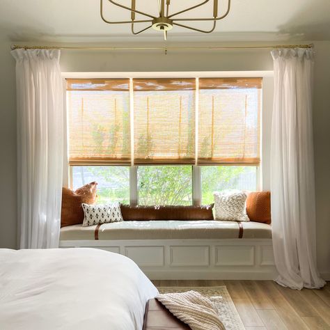 Bay Window With Bench Curtain Ideas, Curtains Above Bench Seat, Bay Window Curtains With Bench, Window Bench In Bedroom, Curtains With Window Seat, Long Bench In Front Of Window, Underneath Window Ideas, Window Bench Seat Curtains, Curtains For Bay Window With Bench