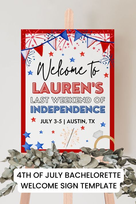 Get your bachelorette party ready for a patriotic celebration in Washington DC with this Fourth of July Bachelorette Party Welcome Sign Template! With its bold red, white, and blue colors, this template is perfect for a Bach bash filled with summer fun and American pride. Red White Blue Wedding, Bachelorette Party Games Drinking, Summer Bachelorette Party, Patriotic Wedding, Bach Bash, America Birthday, Awesome Bachelorette Party, Party Welcome Sign, American Theme