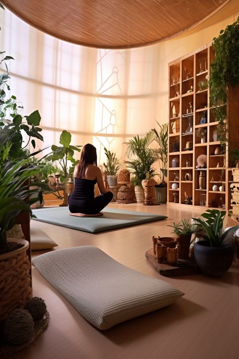 Meditation Room Crystals, Meditation Room Plants, Basement Meditation Space, Meditation Zen Room, Healing Room Ideas Meditation Space, Home Yoga Corner, Beautiful Yoga Studio, Yoga Studio Plants, Yoga Room Aesthetic