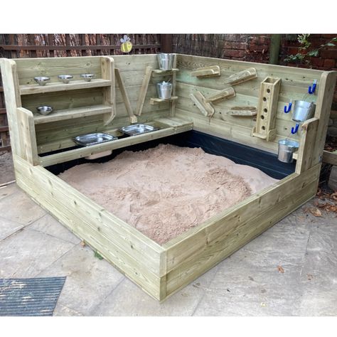 Large Sand Pit Play Areas, In Ground Sandbox Ideas, Outdoor Play Village, Sandpit Set Up Ideas Childcare, Sensory Backyard Ideas, Outdoor Kid Play Areas, Rock Pit For Kids, Outside Toddler Play Area, Outdoor Sandbox Ideas