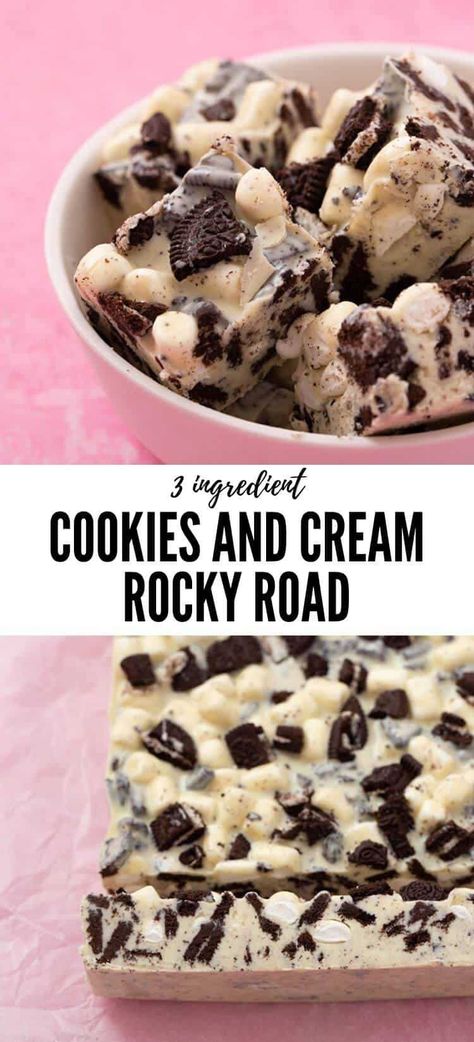 Mini Oreo Recipes, White Chocolate Rocky Road Recipe, Oreo Rocky Road, Dessert Tray Ideas Sweet Treats, Rocky Road Bars Marshmallows, Traybake Ideas, Easy 3 Ingredient Cookies, Rocky Road Christmas, Best Rocky Road Recipe