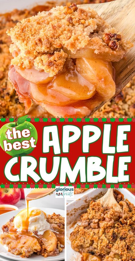 This easy and delicious Apple Crumble recipe has a sweet and spiced apple filling topped with a warm, brown sugar pecan crumble that makes this fall dessert simply irresistible! Ideal for holidays, cozy nights in or family gatherings. Top with a scoop of vanilla ice cream and a little caramel drizzle for an easy dessert that is guaranteed to impress! | GloriousTreats.com Recipe For Apple Crumble, Apple Crumble Topping, Easy Apple Crumble, Apple Desserts Easy, Apple Crumble Recipe, Diy Easy Recipes, Shugary Sweets, Thanksgiving Recipe, Crumble Recipe