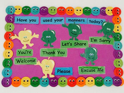 Have you used your manners today? You're welcome, Thank you, Let's share, I'm sorry, Please, Excuse me.  Bulletin Boards, kindergarten, school, preschool, Cambridge school of Bucharest, winter, autumn, spring, summer. Softboard Ideas For Kindergarten, Teaching Children Respect, Soft Board Ideas, Respect Classroom, Manners Preschool, Class Room Door, Room Door Ideas, Preschool Classroom Rules, Teaching Kids Respect