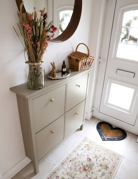 Shoe Cabinet Makeover, Boho Ikea, Ikea Hemnes Shoe, Ikea Hemnes Shoe Cabinet, Hemnes Shoe Cabinet, Ikea Shoe Cabinet, Dainty Dress, Narrow Hallway Decorating, Ikea Hemnes