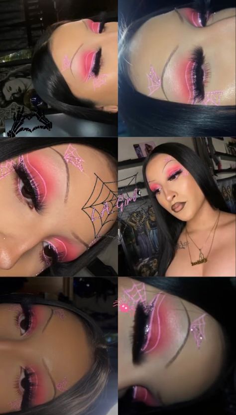 Pink Halloween Makeup Looks, Pink Spider Web, Pink Spider, Glam Makeup Look, Spider Girl, Halloween Makeup Looks, Spider Woman, Pink Halloween, Glam Makeup