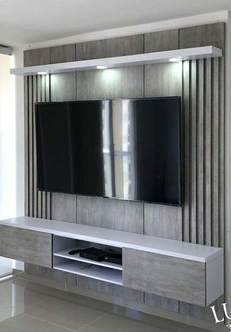 Tv Unit Design Modern For Small Room, Bedrum Wall Decor, Design Tv Wall, Tv Cupboard Design, Grey Tv Unit, Tv Cabinet Design Modern, Small Room Diy, Tv Wall Ideas, Tv Unit Furniture Design