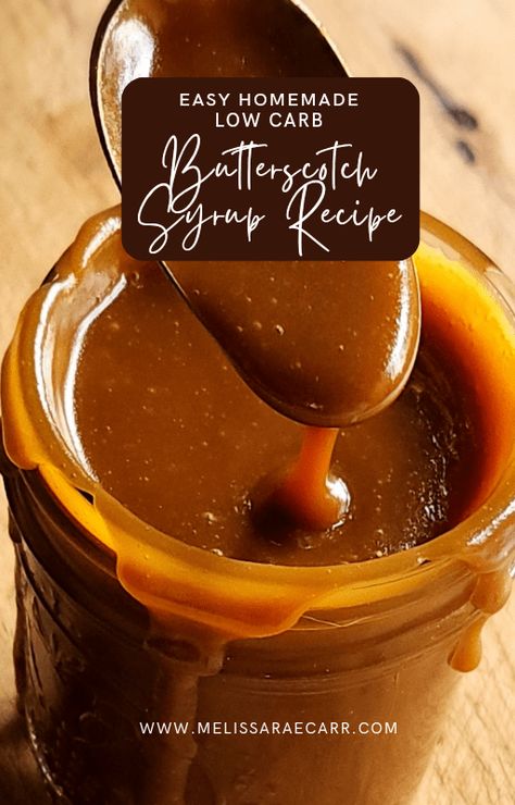 Easy homemade low carb butterscotch syrup recipe being served with a spoon. Butterscotch Coffee Syrup, Butterscotch Syrup Recipe, Toffeenut Syrup, Keto Butterscotch, Sugar Free Syrup Recipe, Caramel Syrup Recipe, Sweet Sauce Recipes, Butterscotch Sauce Recipes, Butterscotch Recipes