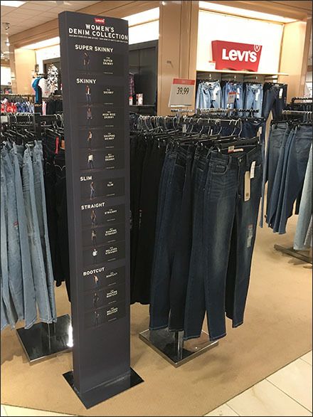 Levis Denim Sizing Vertical Sign Main Clothing Store Interior, Store Signage, Slider Design, Clothing Store Design, Retail Signage, Clothing Displays, Jeans Store, Fabric Display, Retail Signs