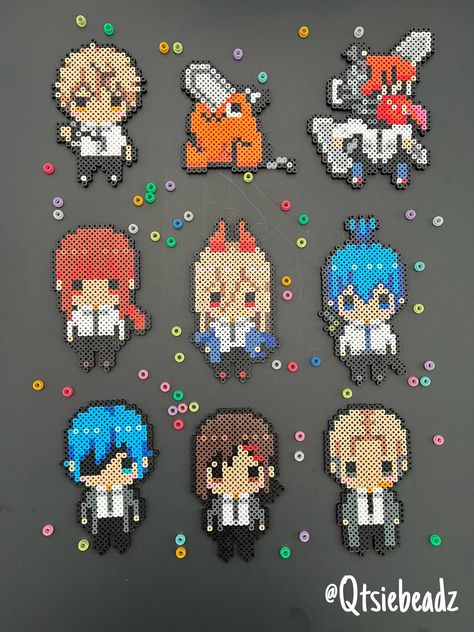 Handmade Anime Inspired Characters (Denji | Makima | Pochita | Power)  Kandi Perler Beads Art for Raves, Music Festivals. Please note: the colors in the item may slightly change when made due to inventory. However, the overall item remains the same 😊. Pearlers Rave, Chibi Perler Beads, Anime Iron Beads, Perler Bead Art Anime, Bakugo Perler Beads, Ddlc Perler Beads, Yugioh Perler Beads, Soot Sprite Perler Beads, Perler Shaker