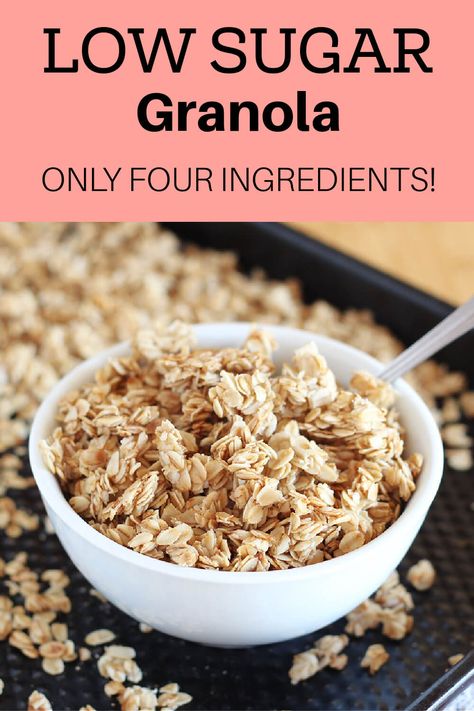 This quick and easy low sugar granola recipe is made with only four basic ingredients, making it both easy and cost effective. No Oil Granola, Low Carb Granola Recipe With Oats, Ww Granola Recipe, Brown Sugar Granola Recipe, Low Cal Granola Recipe, Easy Granola Recipe 4 Ingredients, Healthy Granola Recipe Low Sugar, Granola Recipe Nut Free, Low Cal Granola