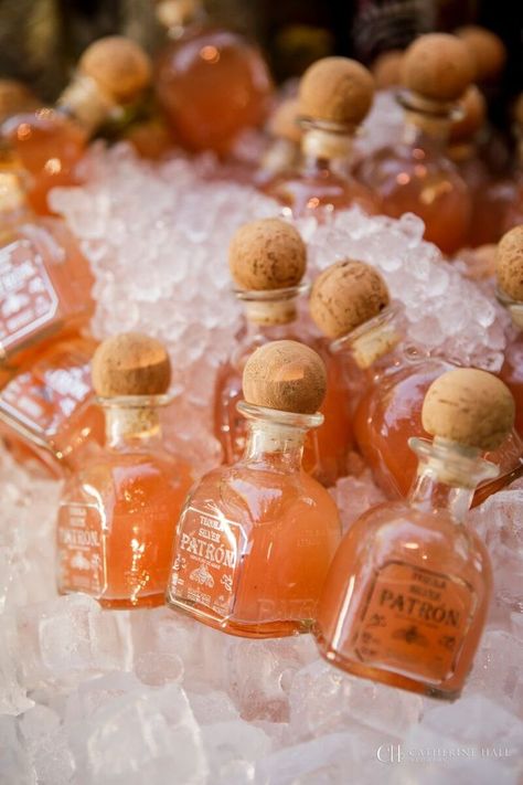 Mini Patron Cocktails, Cocktail Party Buffet Ideas, Fiesta Themed Party Outfit, Mini Patron Bottle Drinks, Mini Patron Bottles Wedding, Drink Tables Party, Cocktail Party Set Up Ideas, Cocktail Set Up, Cocktail Party Ideas Elegant