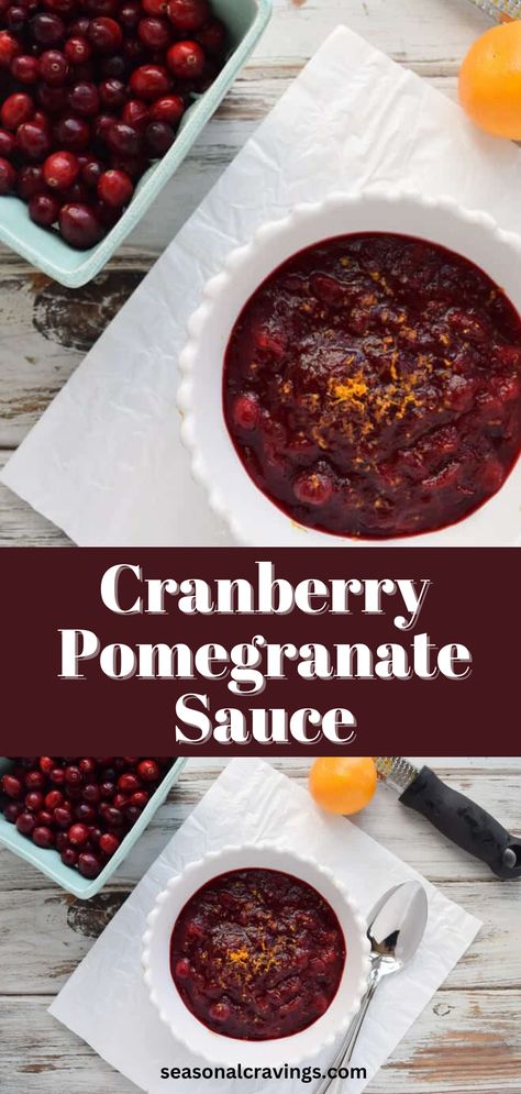 Never buy canned cranberry sauce again.  This Easy Cranberry Pomegranate Sauce is so simple and tasty, it will become the star of your Thanksgiving meal.  #glutenfree #thanksgiving #cranberries #fall Crowd Recipes, Seasonal Fruits And Vegetables, Cravings Recipes, Whole30 Vegan, Pomegranate Sauce, Canned Cranberry Sauce, Gluten Free Thanksgiving, Thanksgiving Meal, Dessert Sauces