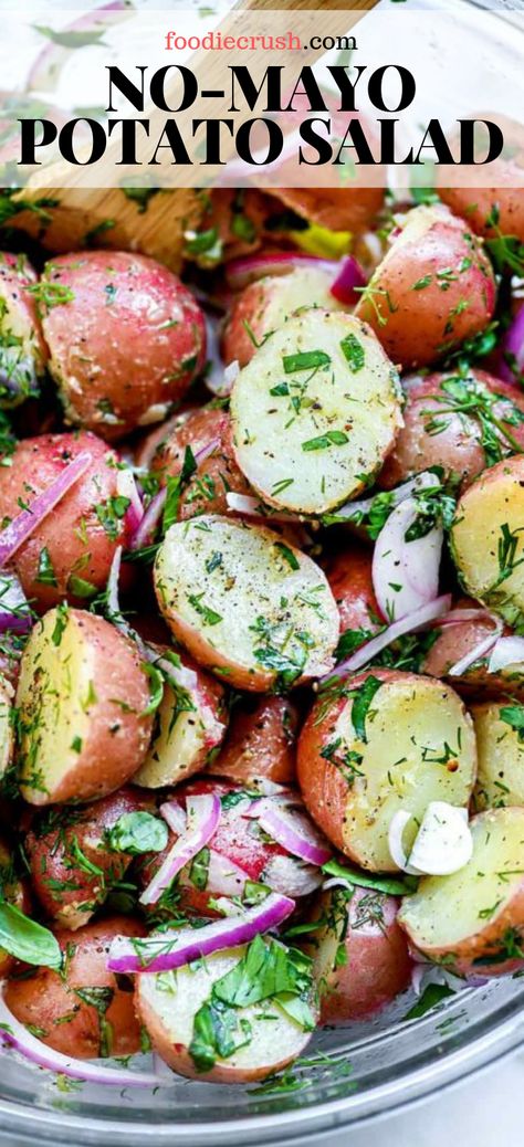 No-Mayo Potato Salad With Herbs | foodiecrush.com #salad #potatosalad #recipes #potluck #summer #healthy #no-mayo Easy to make and lighter to eat, this healthy no-mayo potato salad with fresh herbs and an easy olive oil dressing is the perfect side dish for a crowd. Side Dish For A Crowd, Dish For A Crowd, Recipes Potluck, Salad With Fresh Herbs, Salad With Herbs, Olive Oil Dressing, Oil Dressing, Resep Salad, Potatoes Onions