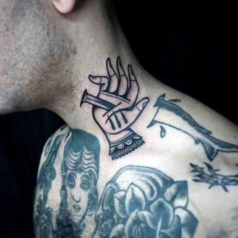 Nail In Hand Guys Traditional Neck Tattoos Simple Neck Tattoos, Full Neck Tattoos, Best Neck Tattoos, Small Neck Tattoos, Tattoo Neck, Back Of Neck Tattoo, Neck Tattoo For Guys, Cool Tattoos For Guys, Diy Tattoo