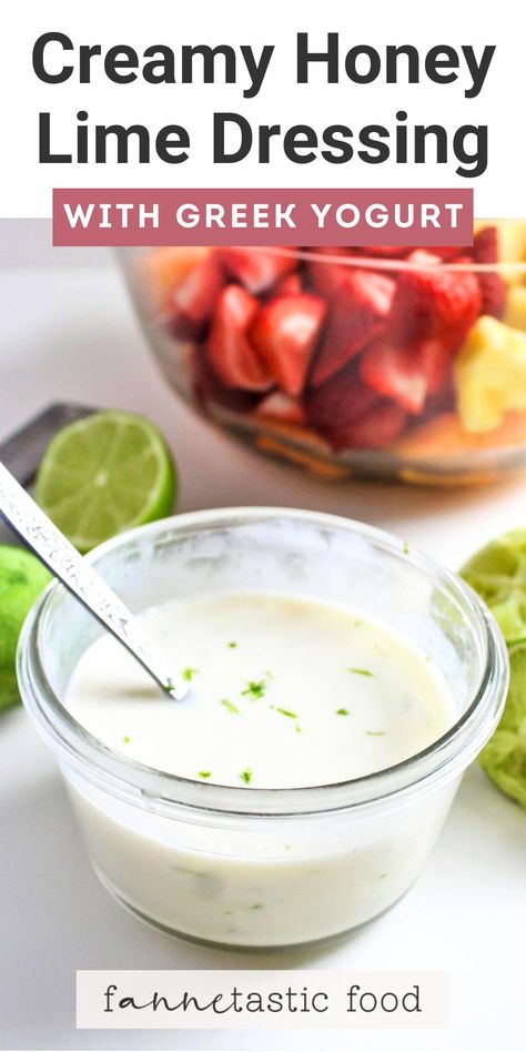 This creamy honey lime dressing with Greek yogurt is the easiest homemade salad dressing recipe! It has just 3 essential ingredients and there's no cooking required. Perfect as a dressing for fruit salad, chicken marinade, or dipping sauce. Creamy Lime Dressing, Fruit Salad With Yogurt Dressing, Greek Yogurt Dressing Recipes Healthy, Watermelon Dressing, Sandwich Dressing Recipe, Greek Yogurt Dressing Recipes, Dressing For Fruit, Dressing With Greek Yogurt, Greek Yogurt Salad