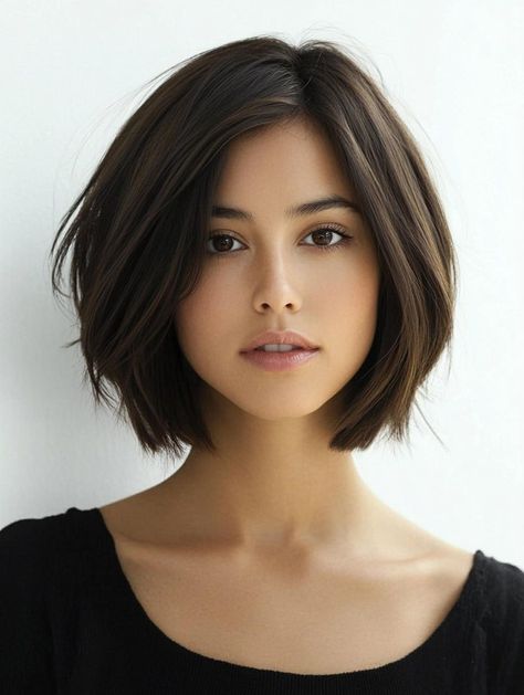 Flattering Bob Haircuts for Round Faces: Top Styles to Try Side Part Bob Round Faces, Round Face Bangstyle Short Hair, Long Bob Asian Hair Round Faces, Short Bob With Long Layers, Below Chin Length Bob, Short Hairstyles For Round Face Shape, Short Hairstyle Women With Round Face, Bob Hair Round Face, Rounded Bob Haircut With Bangs