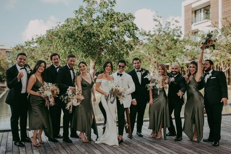 Olive Green Weddings, Bridal Party Attire, Cancun Wedding, Green Bridesmaid, Wedding Theme Colors, Wedding Party Photos, Green Bridesmaid Dresses, Wedding Bridal Party, Bridesmaids And Groomsmen