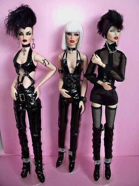 I love these three Goth Barbies!!,They have very authentic looking pants, tops, jewelry, rocking some great looking punk hairdos, boots and heels plus great goth dark makeup. I want my Chloe to be a edgy, goth/punk groupie, so I am trying to find dresses, skirts and distressed jeans in colors  like black, dark purple, burgandy, plaid skirts, bustiers and corsets, fishnet stockings and thigh highs, fabrics like pleather, mesh, tulle, lace, sparkly, heeled boots, open toe high heels, cool jewelry Bad Barbie, Barbie Mode, Im A Barbie Girl, Gothic Dolls, I'm With The Band, Barbie I, Hello Dolly, Barbie Friends, Barbie Collection