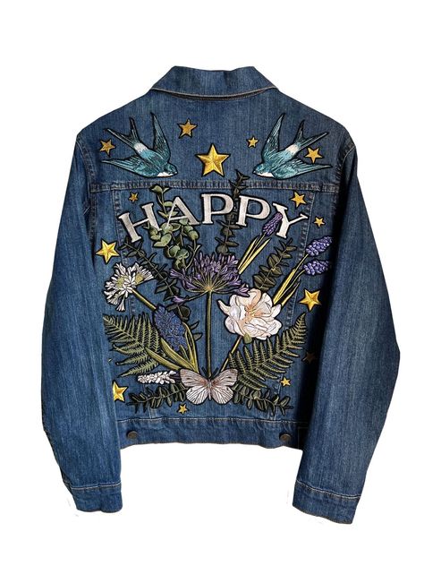 from : Denim and Bone : £250-00 : ‘ Happy ‘ Jacket Hand Embroidered Jacket, Denim Deconstruction, Festival Jackets, Jacket Upcycle, Barns Courtney, Textile Clothing, Elsa Style, Denim Jacket Embroidery, Customised Denim Jacket