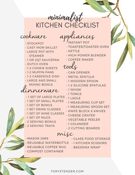 Kitchen Essentials Checklist, Minimalist Kitchen Essentials, Kitchen Checklist, Kitchen Essentials List, New Home Essentials, New Home Checklist, Apartment Checklist, Kitchen Necessities, Minimal Kitchen