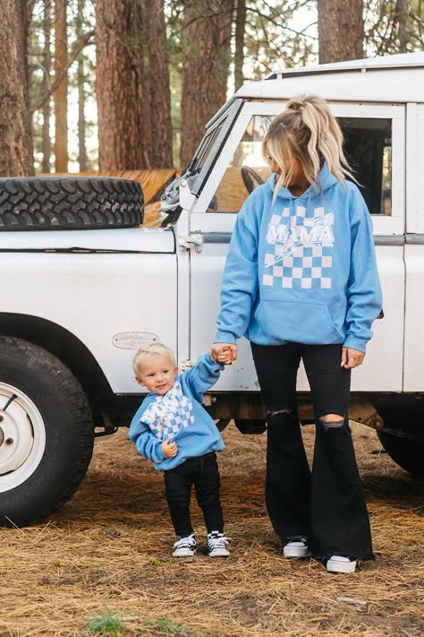 MAMA checkered hoodie in light blue. This trendy MAMA hoodie is super comfortable & pairs perfectly with the kids MINI hoodie for cool matching family outfits! Shop the full Krista Horton x Slyfox collection for more trendy mom sweatshirts, matching family sweatshirts & everything you need to achieve the ultimate cool mom aesthetic. Mama And Son Matching Outfits, Mum And Son Matching Outfits, Momcore Outfits, Parent Outfits, Matching Mommy Son Outfits, Cool Mom Aesthetic, Young Mom Outfits, Young Mom Style, Checkered Hoodie