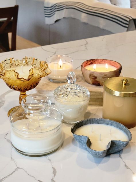 Garlandian Home Instagram: @garlandianhome Vintage Candles Thrifted Candles Wedding, Homemade Candles Aesthetic, Thrifted Candle Holders, Candles In Vintage Glassware, Thrift Christmas Gifts, Upcycled Candles, Candle Diy Mason Jar, Diy Candle Wick, Candle Scents Recipes