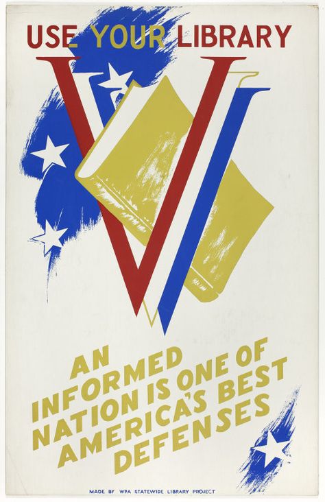 "Use Your Library" WWII era Victory propaganda poster from WPA Illinois Statewide Library Project,  part of Work Projects Administration (originally Works Progress Administration) series promoting reading, knowledge & libraries, c. 1941-1945 / The Art Institute of Chicago, Chicago, IL, USA Library Project, Reading Boards, Works Progress Administration, Wpa Posters, Library Posters, Propaganda Poster, Information Poster, The Art Institute Of Chicago, Circular Economy