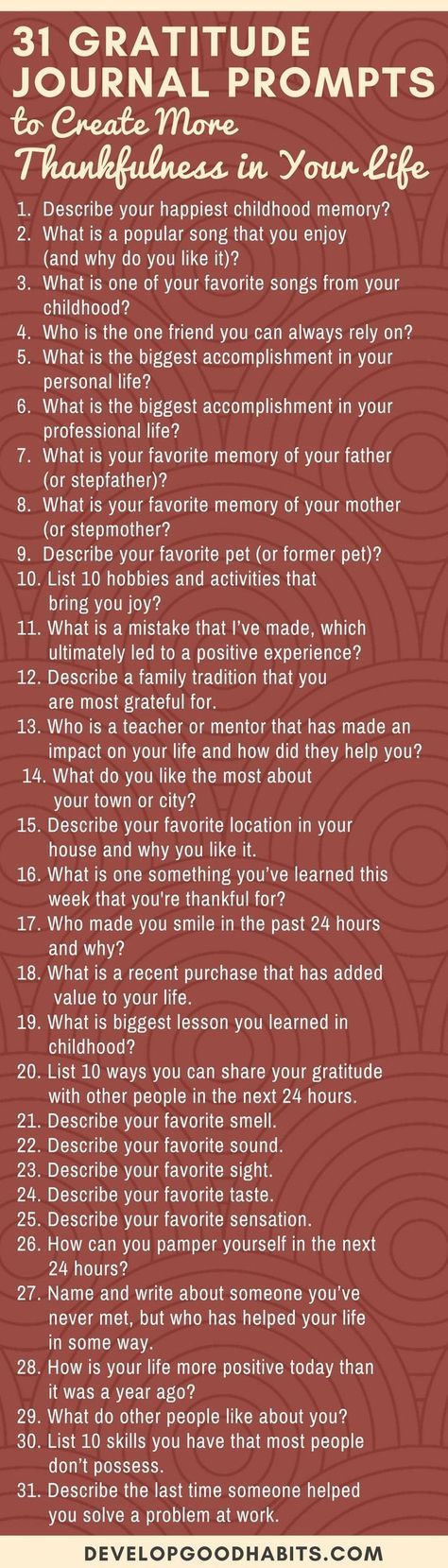 These 31 Gratitude Journal Prompts can help you start practicing gratitude to turn it into a daily habit by committing to daily gratitude journaling. #mindfulness #mindfulmondays #selfcare #selfhelp #selflove #inspiration #motivation #wellness #healthyhabits #infographic #journaling #journal #gratitude #grateful Journaling Mindfulness, Journal Gratitude, Journal Questions, Practicing Gratitude, 12 Books, Gratitude Journal Prompts, Journal Writing Prompts, Daily Gratitude, Attitude Of Gratitude