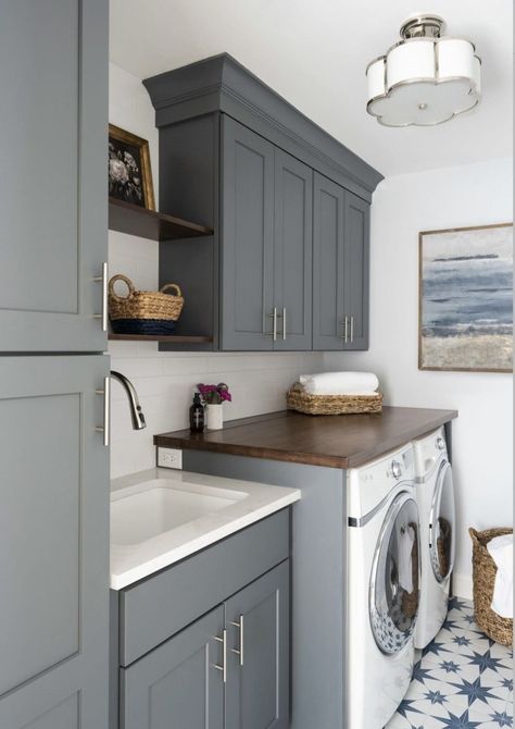 44 Super Chic Laundry Room Ideas 33 44 Super Chic Laundry Room Ideas Patterned Tile Laundry Room, Laundry Room With Built Ins, Butcher Block Countertop In Laundry Room, Laundry Room With Painted Cabinets, Classic Laundry Room Ideas, 10x10 Laundry Room Layout, Charcoal Laundry Room, Transitional Laundry Room Ideas, Laundry Room Countertop Decor