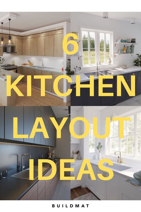 On the Buildmat Blog, we share 6 different kitchen layout ideas and why they work so well. Some of the kitchen layout ideas are with an island so everyone can congregate while cooking. Other kitchen layout plans are U-shaped while others are with a peninsula. Take a look at these 6 ideas and see which one makes the best sense for your kitchen renovation needs. Rectangle Kitchen Layout, Narrow Kitchen Layout, Kitchen Layout Design, Kitchen Layout Ideas With Island, Small L Shaped Kitchens, Small Kitchen Ideas Layout, Small Kitchen Design Layout, Designs For Kitchen, Long Narrow Kitchen