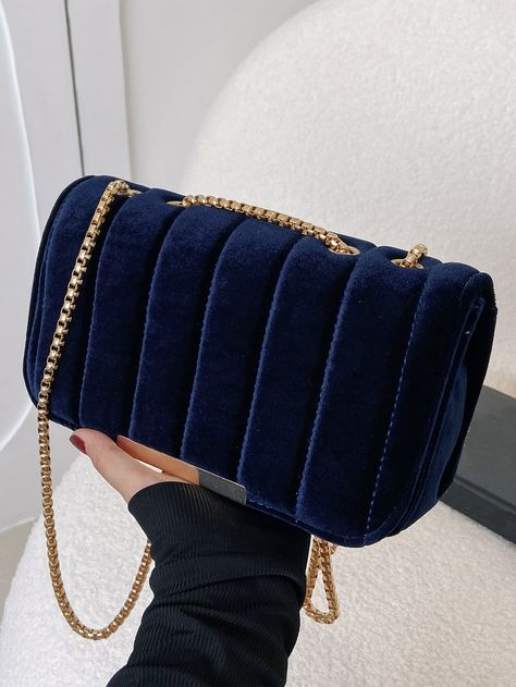 Navy Blue Fashionable Collar  Fabric Plain Square Bag Embellished   Women Bags Ladies Purses Handbags Style, Spring Purses, Chic Quilts, Trendy Purses, Hand Bags For Women, Everyday Handbag, Girly Bags, Fancy Bags, Leather Handbags Women