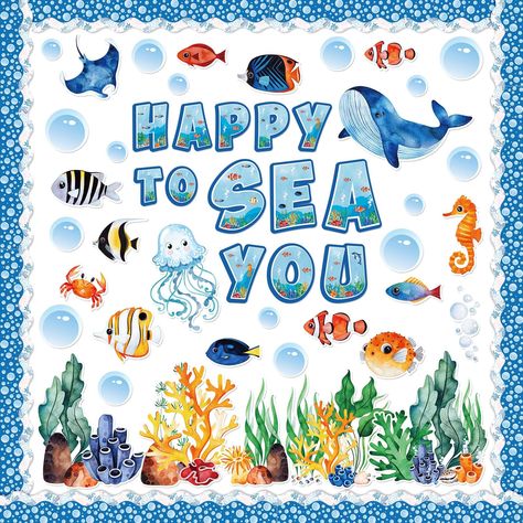 PRICES MAY VARY. THE PACKAGE INCLUDES: 112Pcs ocean animals bulletin board cutouts, come with 200Pcs glue points, sufficient quantity and vivid designs to meet your various needs. OCEAN THEME: Our bulletin board decor featuring ocean animals theme, adopt watercolor design with corals, whale, jellyfish, bubble and various tropical fishes, printed with the words of happy to sea you, pretty and delicate, will nicely increase the fun atmosphere. DURABLE MATERIAL: Made of premium paper material, stur Fish Bowl Bulletin Board, Shark Bulletin Board Ideas, Ocean Bulletin Board Ideas, Fish Bulletin Boards, Sea Bulletin Board, Watercolor Sea Animals, Ocean Bulletin Board, Year Board, Under The Sea Decorations