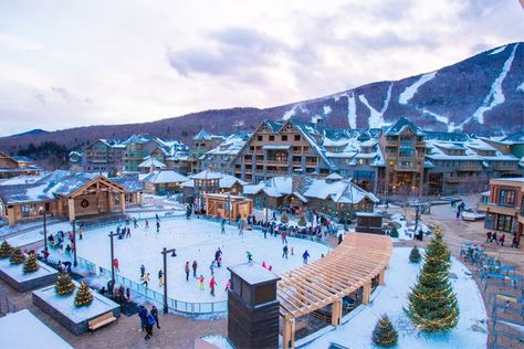 stowe mountain lodge and ice rink Best Christmas Vacations, Vail Ski Resort, Vermont Vacation, England Winter, Stowe Vermont, Ski Town, Ice Rink, Mountain Lodge, Mountain Town