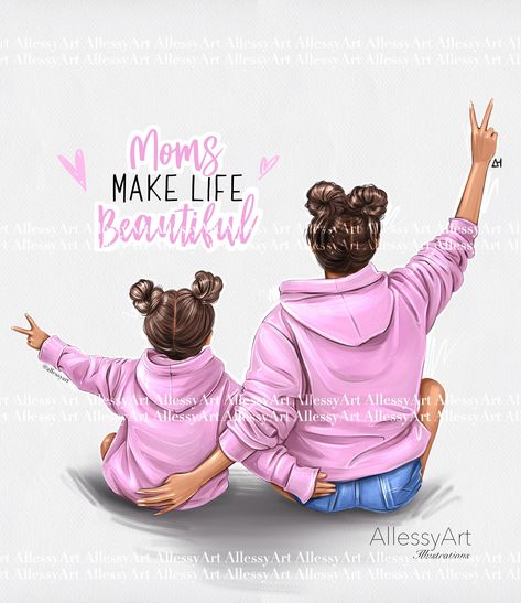 "Instant download \"Moms Make Life Beautiful\" Pink Girl Mom Momlife DIgnital Illustration, Mother and Daughter Love clipart 🖤 HAND PAINTED ILLUSTRATION This is an instant download high quality hand painted illustration, saving you delivery time and shipping costs. The file will be available after purchase. No physical product will be shipped. ▫️I accept orders for the creation of an exclusive drawing with a complete transfer of copyright 🖤 INSTANT DOWNLOAD You could download the file directly Mother And Daughter Love, Mother Daughter Art, Citation Art, Love Clipart, Make Life Beautiful, Personalized Wallpaper, Adult Coloring Designs, Portrait Cartoon, Mother And Daughter