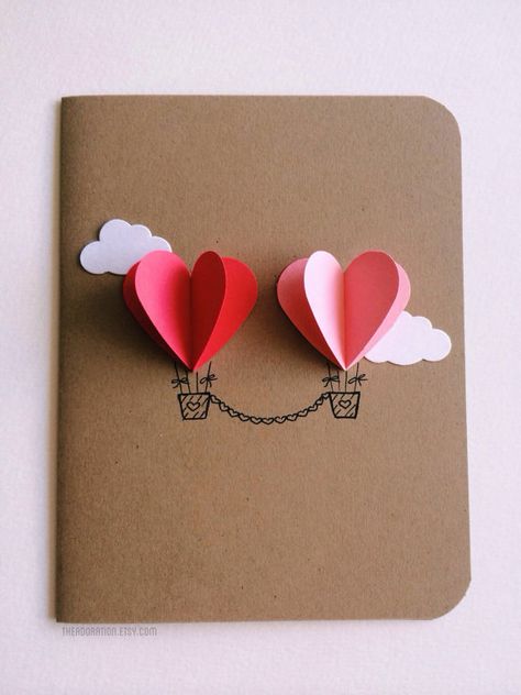 Couple Heart Hot Air Balloon Card - 25+ Easy DIY Valentine's Day Cards - NoBiggie.net Paper Hearts, Brown Paper, Air Balloon, Hot Air, Balloons